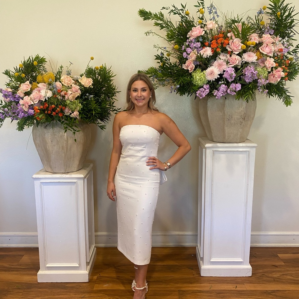 Sachin + Babi Strapless White Pearl Bow Dress
